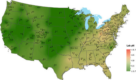 map of pH ranges of US soils